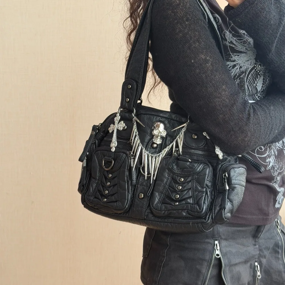 Original Punk Goth Locomotive Bag Rock Style Skull Chain Decoration Multi-pocket Underarm Bag Spice Girl Handbag