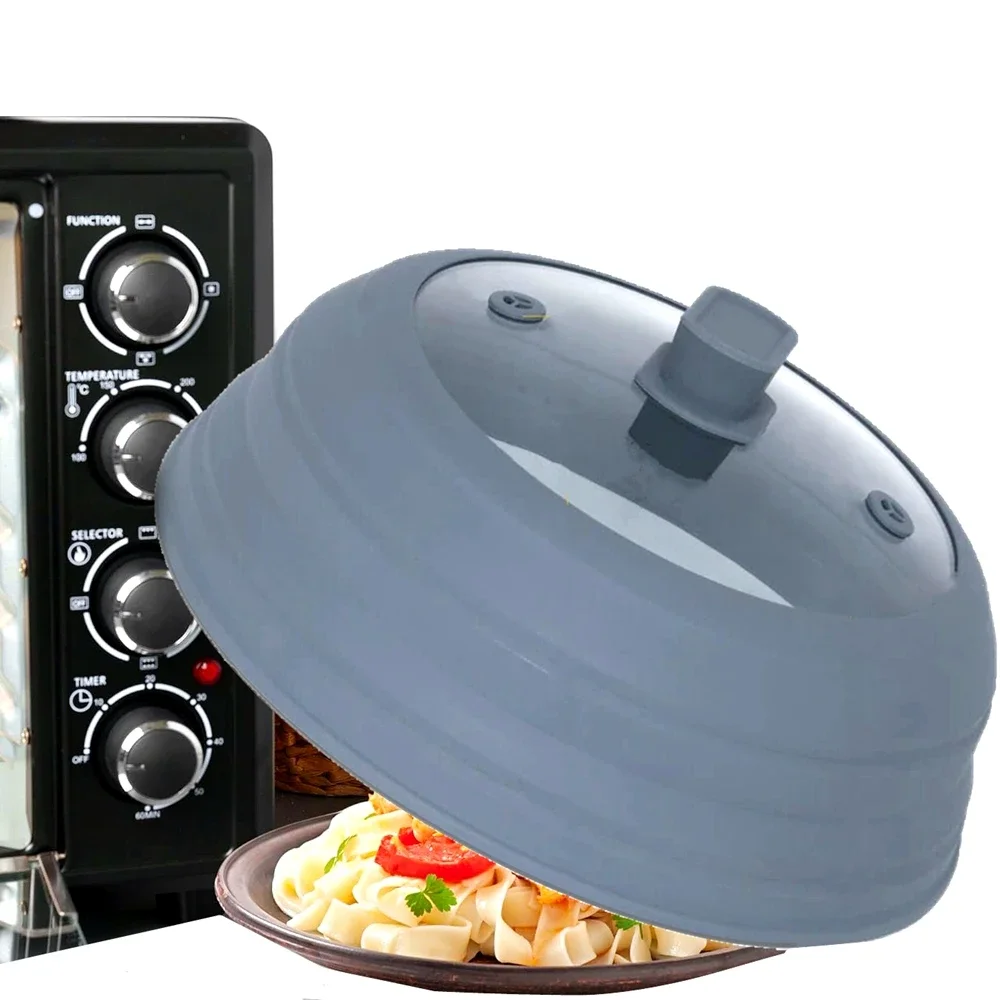 

10.5 inch Microwave Splatter Cover Vented Glass Cover Splatter Guard Lid with Collapsible Silicone as Pot Cover Plate Cover 9in