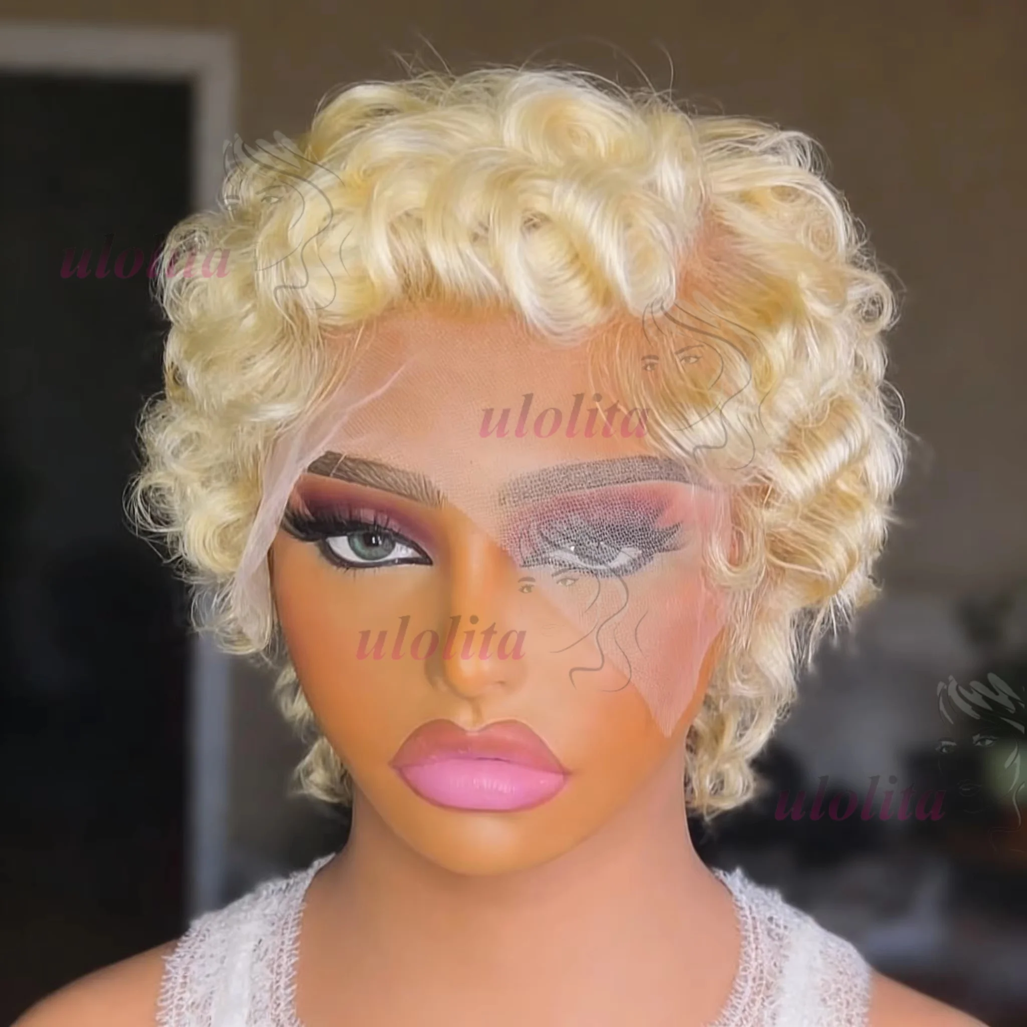 613 Blonde Pixie Cut Kurzer Bob Lockige Wellen Echthaarperücken Schokoladenbraun Kurzer Bob 13x4 Transparente Lace Front Perücken Vorgezupft – Detail 3