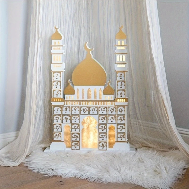 

Arabic Desert Castle Moon Calendar Box, Black White Wooden Countdown, Tabletop Festival Decoration