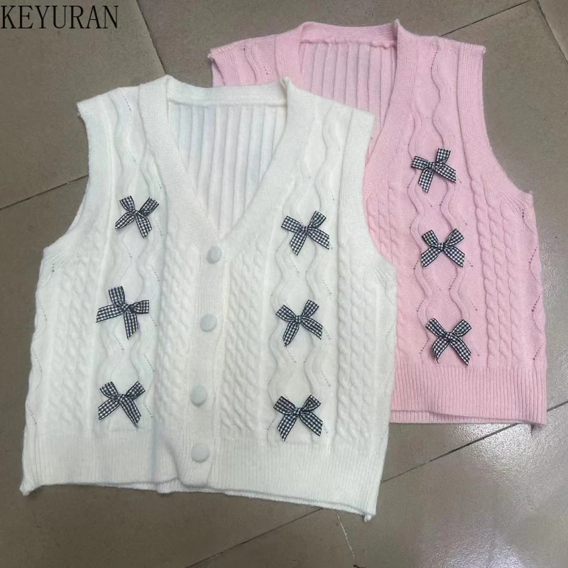 French Sweet Bow Knitted Cardigan Vest Women\'s 2024 Autumn Vintage Slim Fit V-neck Sleeveless Sweater Vest Crop Tops Y2k Clothes