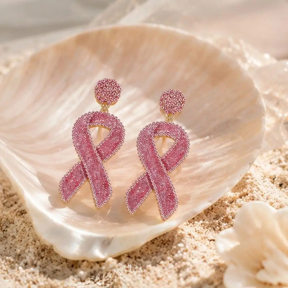 Meaningful Gifts for Her Breast Cancer Awareness Earrings Glitter Rhinestone Ribbon Drop Dangle Jewelry Women’s Cancer Support