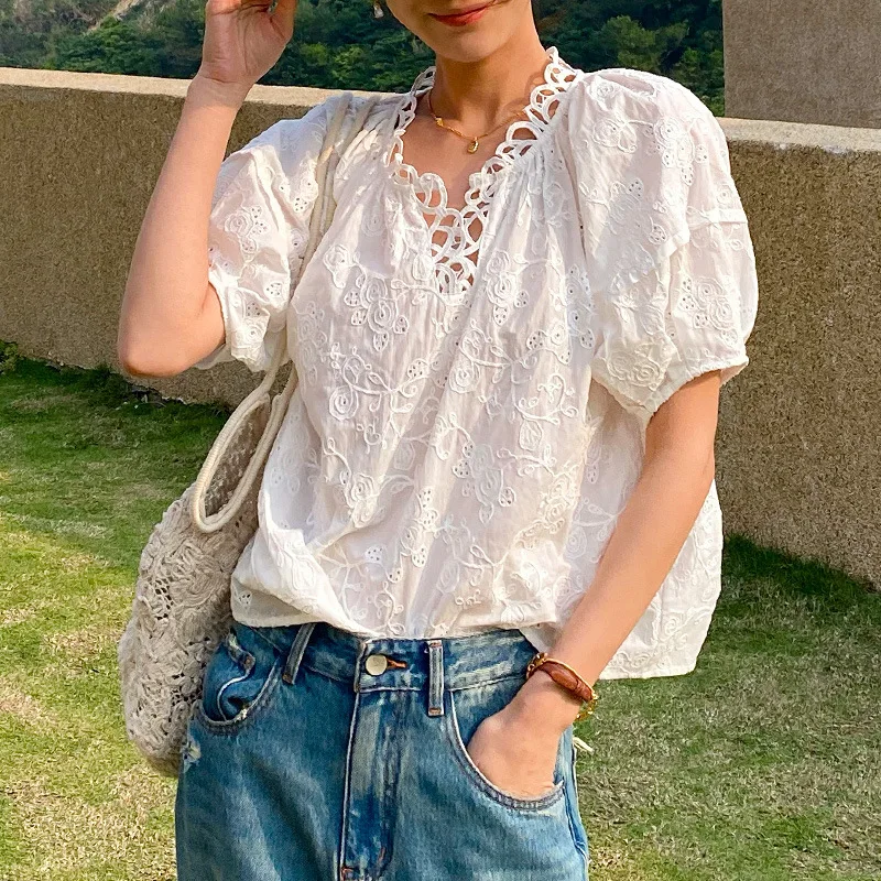 Eyelet Embroidery  Lace Hollow Blouse V Neck Casual Short Puff-sleeve Cotton Shirt 2024 Summer New in Woman Vacation Clothing