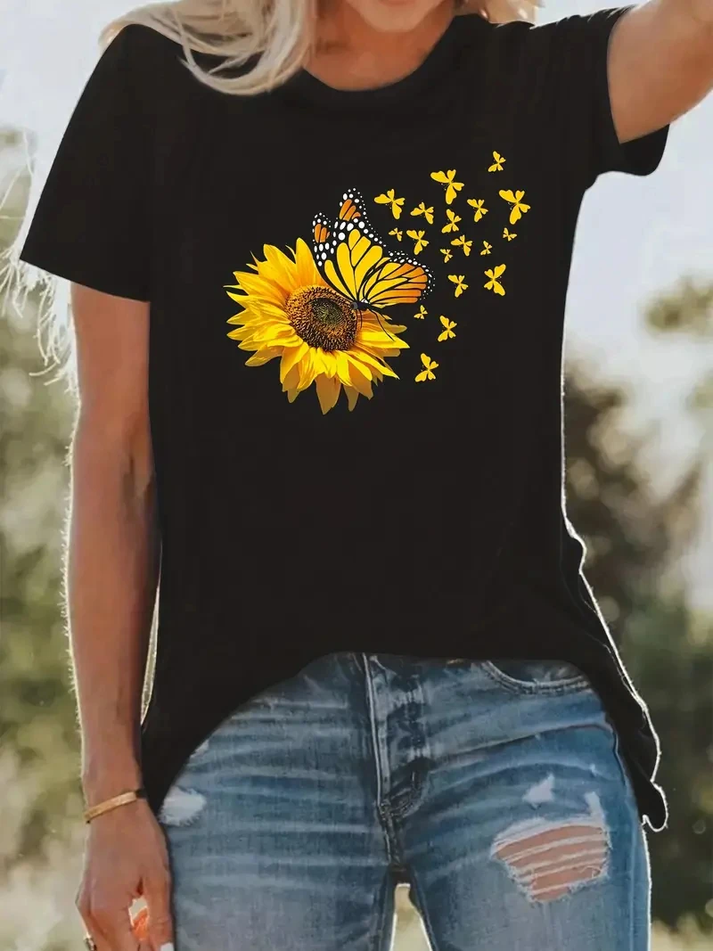 Camiseta divertida con estampado de girasol en 3D para mujer, camisetas negras informales con cuello redondo, Top de manga corta, camisetas de