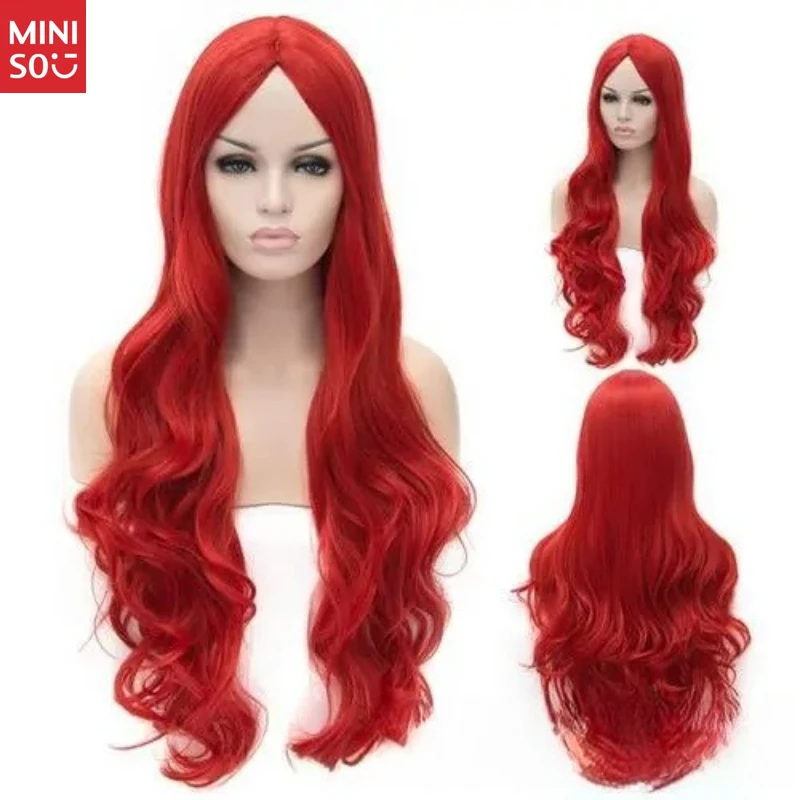 Miniso nieuwe rode lang krullende synthetische pruik voor dames, natuurlijk uitstraling golvend haar voor cosplay en dagelijks gebruik
