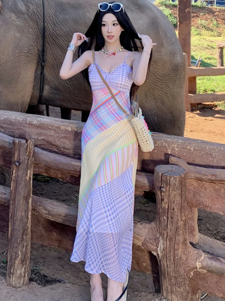 

Women Plaid Bodycon V-Neck Sexy Sling Long Dress 2025 New Elegant Casual Beach Style Dress Summer Korean Chic One Piece Dresses