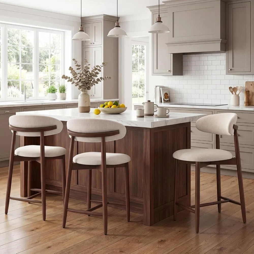 Counter Height Bar Stools Set of 3, Kitchen Bar Stools with Back, Mid Century Modern Upholstered Barstools with Wood Legs