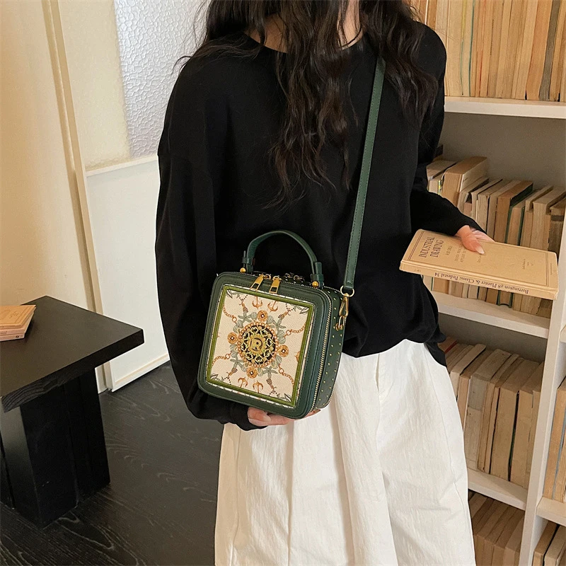Exquisite bedruckte Umhängetasche, quadratische Damen-Box-Handtasche, Colorblock-Sling-Bag, Messenger-Tasche für den Arbeitsweg und zur Aufbewahrung von Kosmetika – Detail 11
