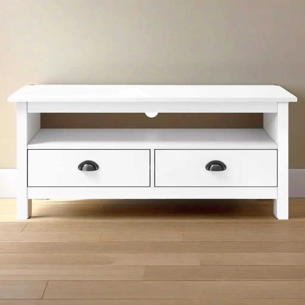 Modern Hill White TV Stand - 43.3x15.7x18.5 Inch Solid Pine Wood Furniture