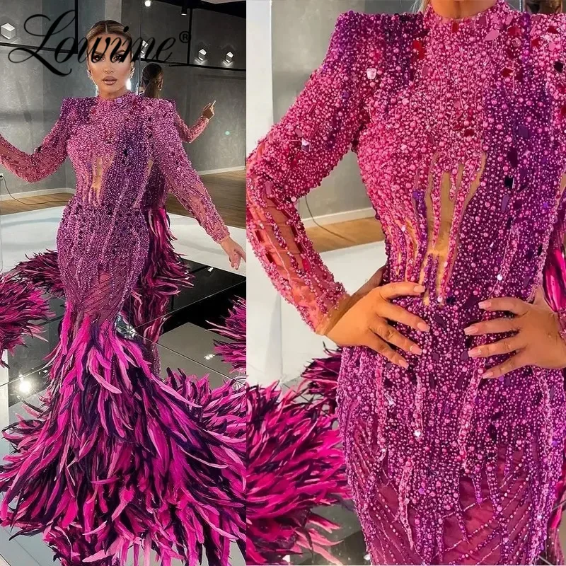 Champagne Fuchsia Feathers Luxury Dubai Evening Dress Long Sleeve Heavy Beaded Crystal Arabic Prom Party Gowns Abendkleider 2024