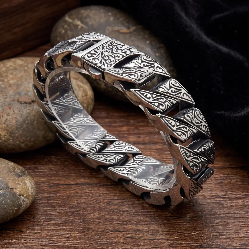 Kalen Vintage Geschnitztes Gliederarmband für Herren Punk Edelstahl Retro Blumenmuster Gravierte Dicke Kette Schmuck Gothic Jubiläumsgeschenk – Detail 4