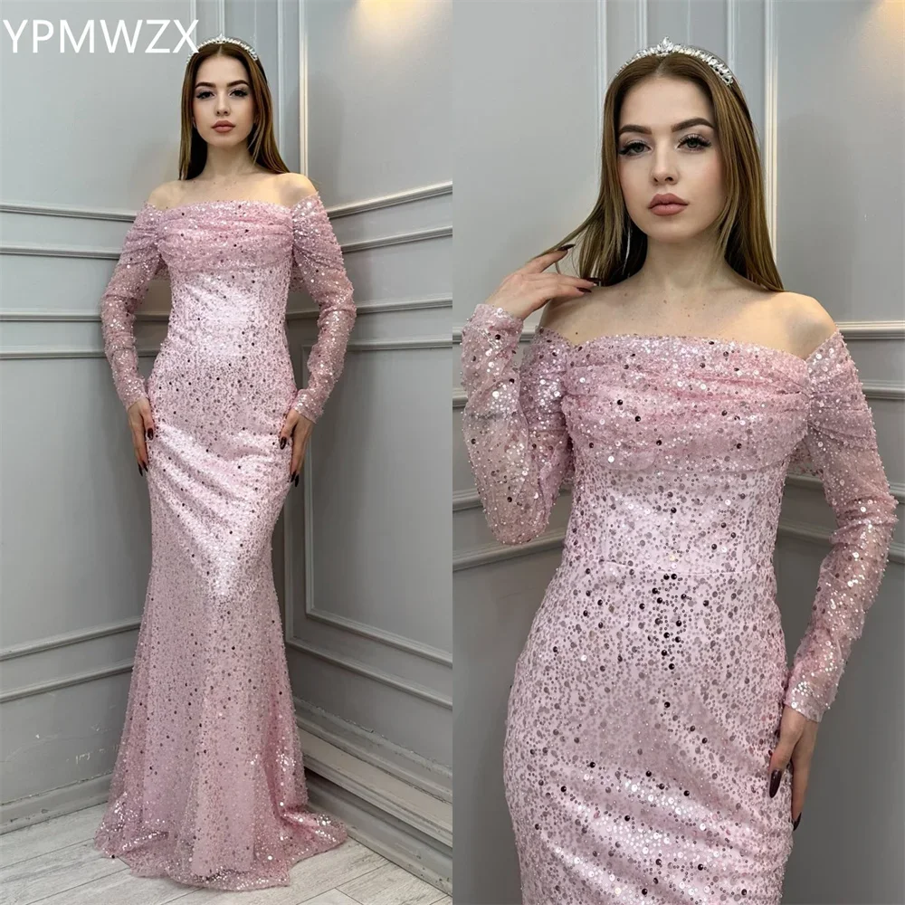 

Customized Party Dress Occasion Prom Gown Evening Formal YPMWZX Off-the-shoulder Mermaid Floor Length Sequin Skirts Layered Tull