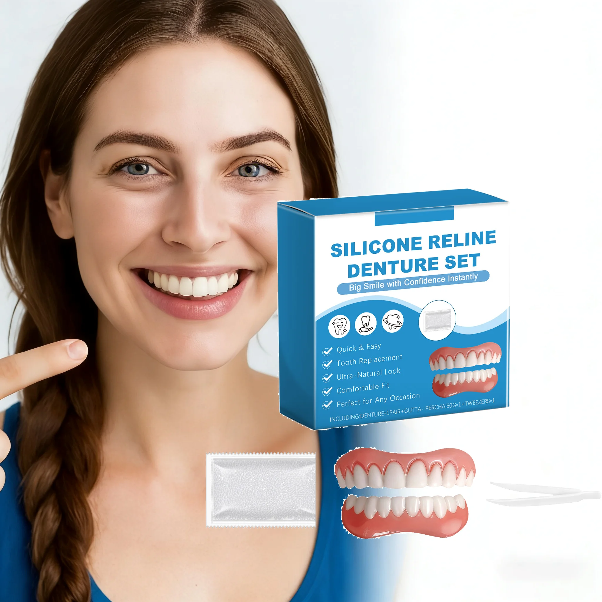Silicone Reline Denture Set Teeth Upper Lower Fake Tooth Cover Gaps Stain Orthodontic Braces Soft Denture Kit Adult Adjustable