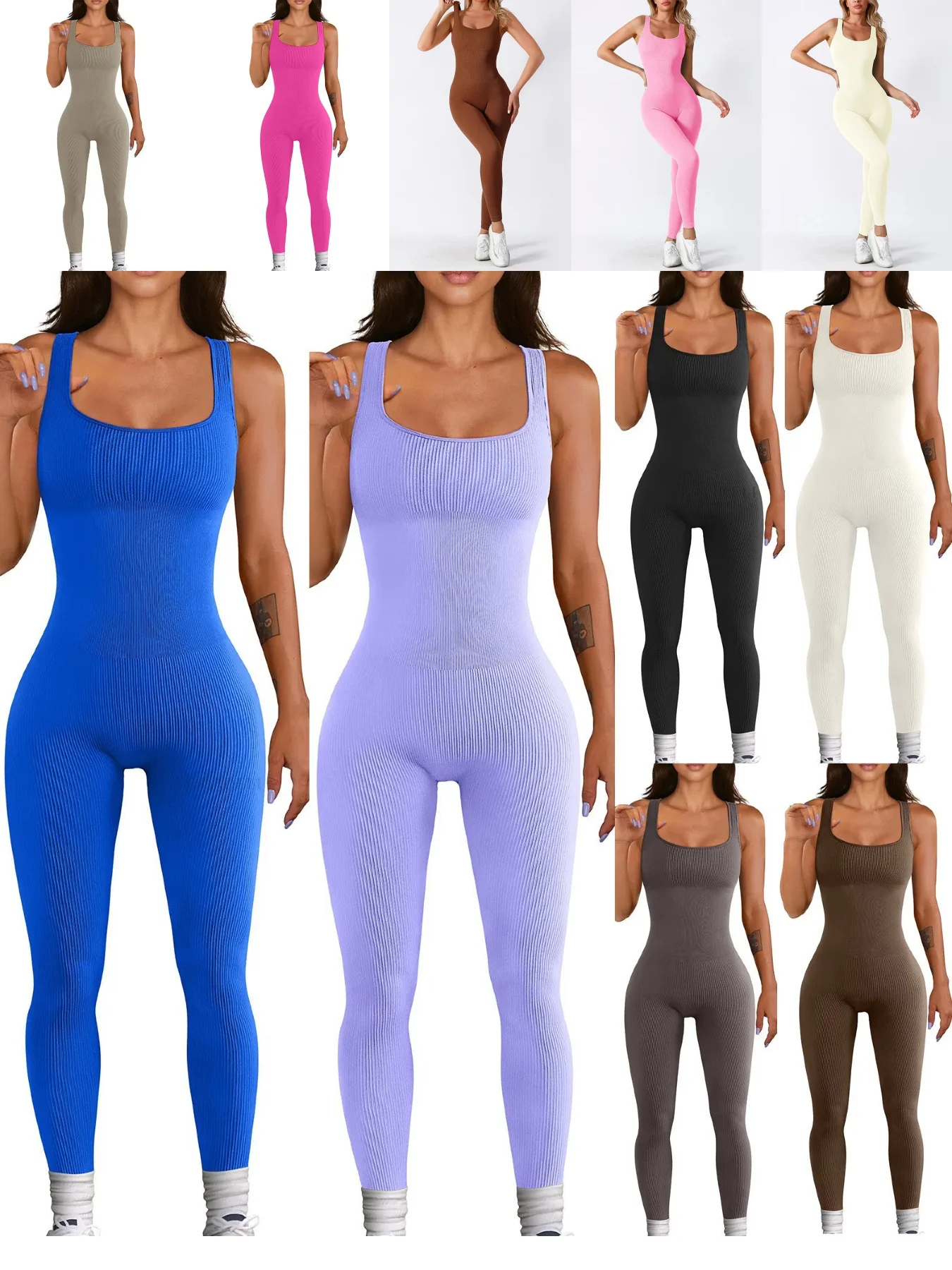 

U-Collar Sleeveless Yoga Jumpsuit Solid Color Workout Seamless Ribbed Bodycon One Piece Square Neck Leggings Romper