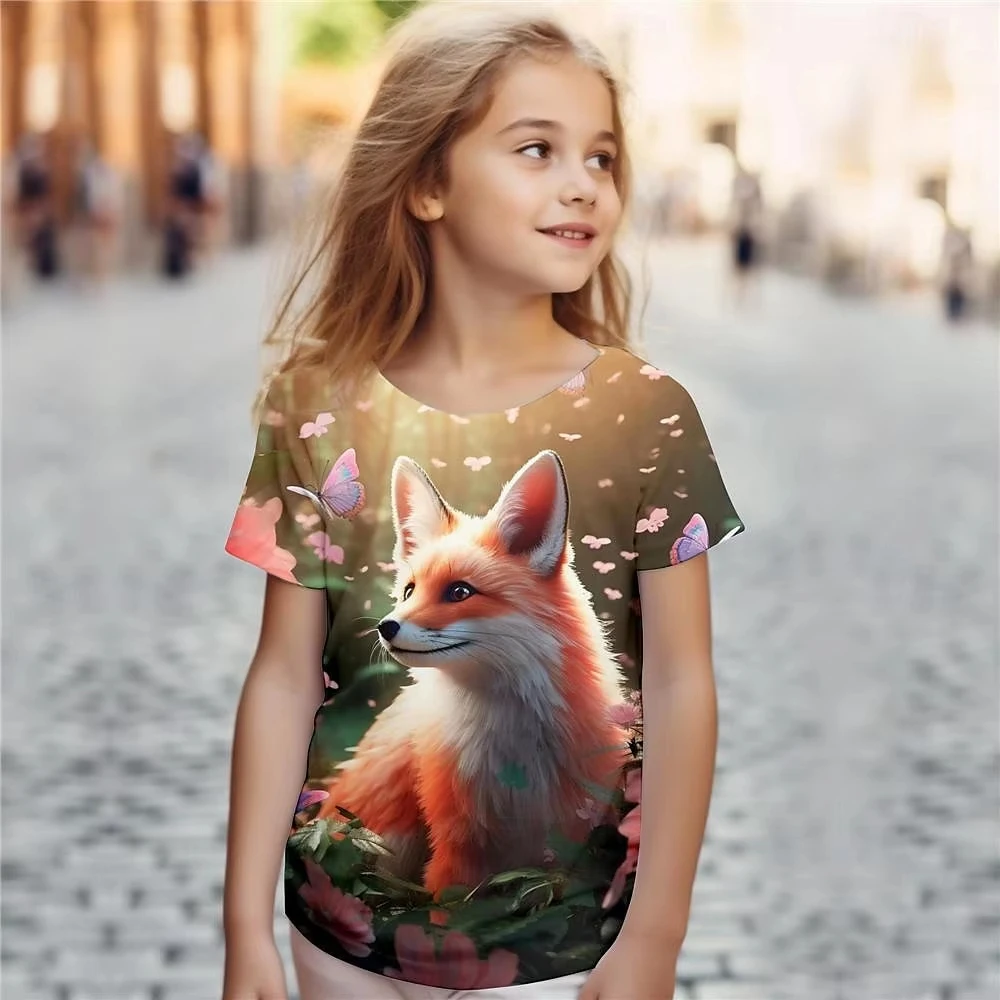Weibliche Kind Kleidung Drucken Tier Fuchs Cartoon Rundhals Kurzen Ärmeln Grafik T Shirts Sommer Mode Outdoor T-Shirt für Mädchen – Detail 6