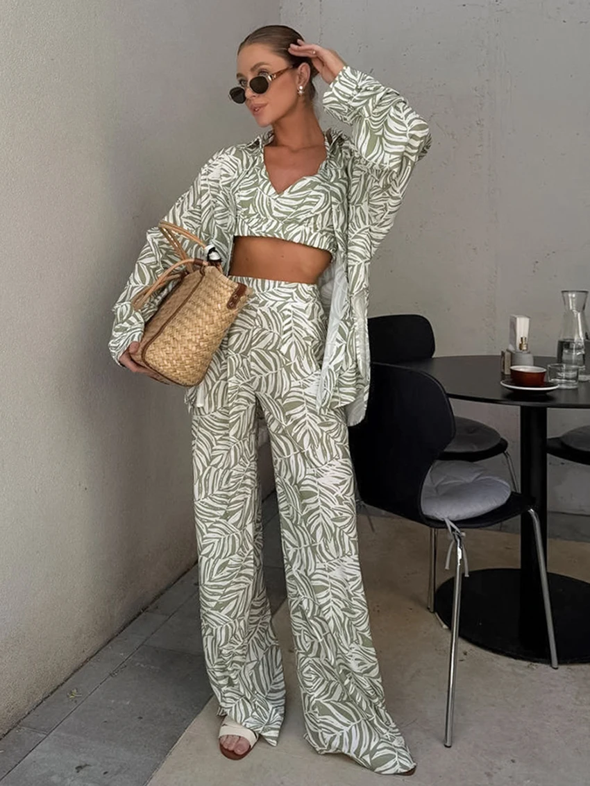 

Marthaqiqi Printing Women Pajama Suit Long Sleeve Robe Turn-Down Collar Sleepwear Tank Top Nightwear Pants Nightgown 3 Piece Set