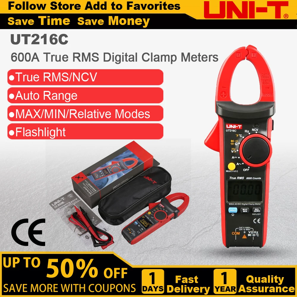 

UNI-T UT216C 600A Digital Clamp Meters AC DC Current Auto Range Multimeters NCV V.F.C Diode LCD Flashlight Temperature Tester