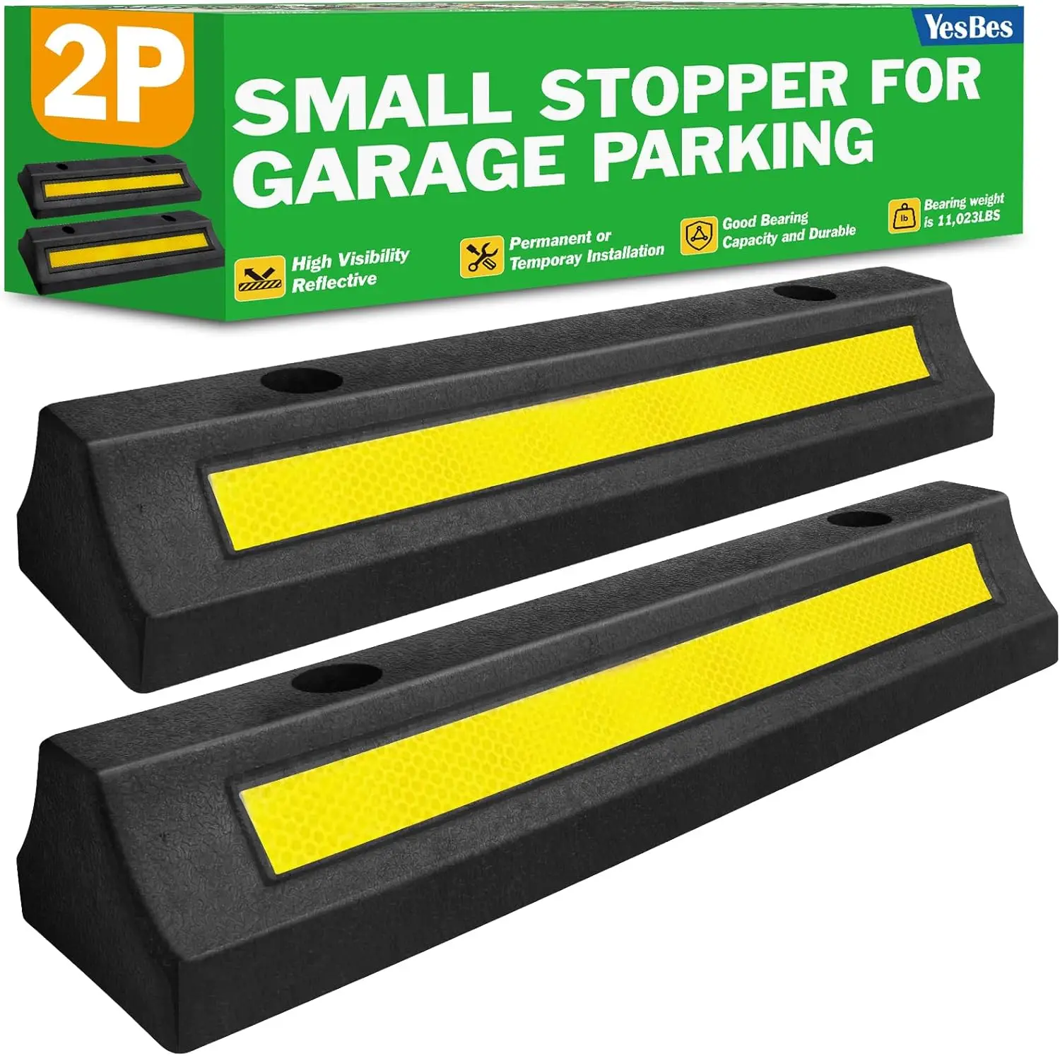 

Garage Parking Aid 2 Pack, 16.9'' Car Stopper with Reflective Yellow, Durable Rubber Wheel Bumper Protects Walls and Car
