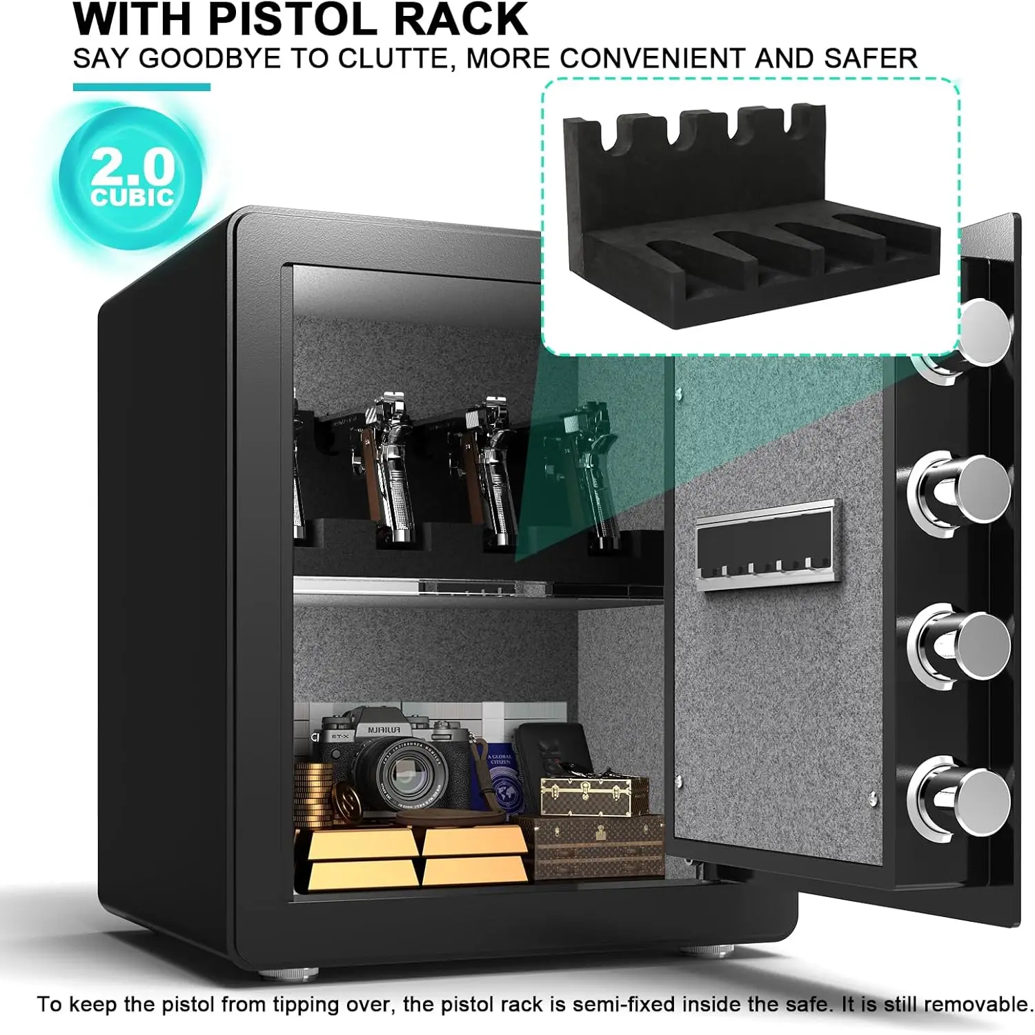 Safe Box with Pistol Rack, Fireproof Waterproof Bag, Large Digital Safe with Dual Alarm System, Removable Shelf for Home, Hotel,