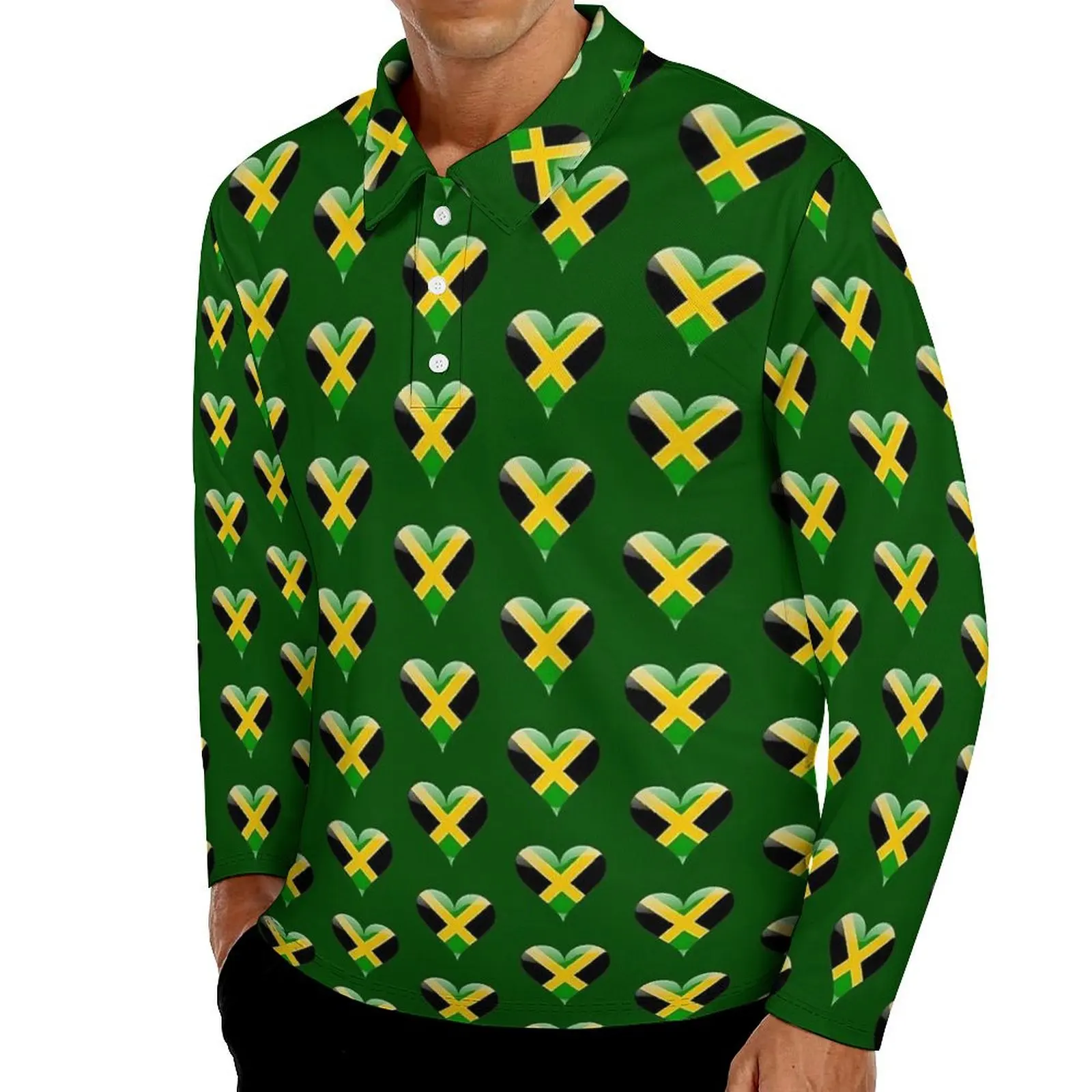 Abstract Jamaican Flag Polo Shirt Spring Jamaica Heart Casual Shirt Long Sleeve Turn Down Collar Y2K Custom Oversized T-Shirts