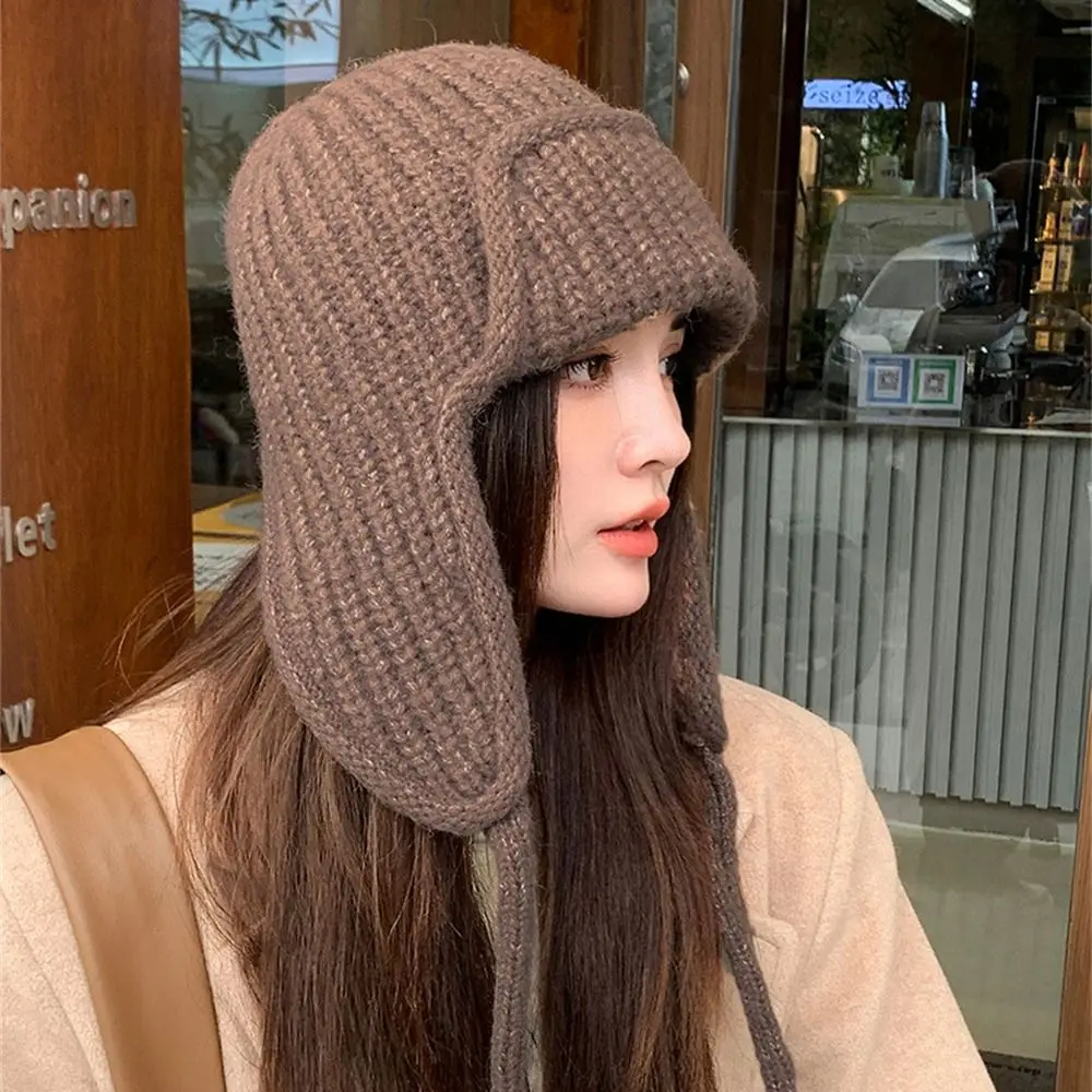 Casual Solid Color Knitted Hat Thickened Winter Warm Bonnet Caps Ear Protection for Women Girls