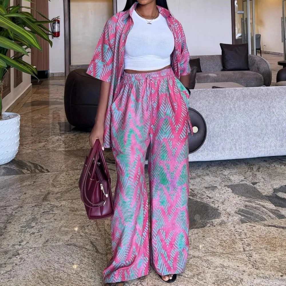 

Женский комплект 2026, весенние рубашки с короткими рукавами и широкие брючные костюмы, комплекты из двух предметов, модная уличная одежда, спортивный костюм