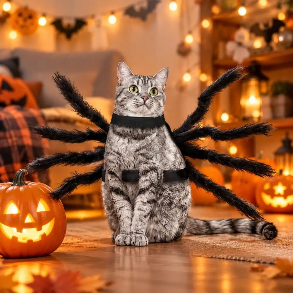 Haustier-Spinnenkostüm für Halloween, realistisches, pelziges Kostüm für Hunde und Katzen, lustiges Party-Outfit, bequeme Passform für kleine und mittelgroße Haustiere. – Detail 4
