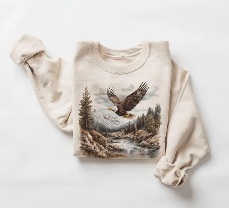 

Retro Bald Eagle River Scene Sweatshirt Funny 80s Sweater 90s Birds of Prey Forest Nature Outfit Boho Unisex Crewneck Sweatshirt