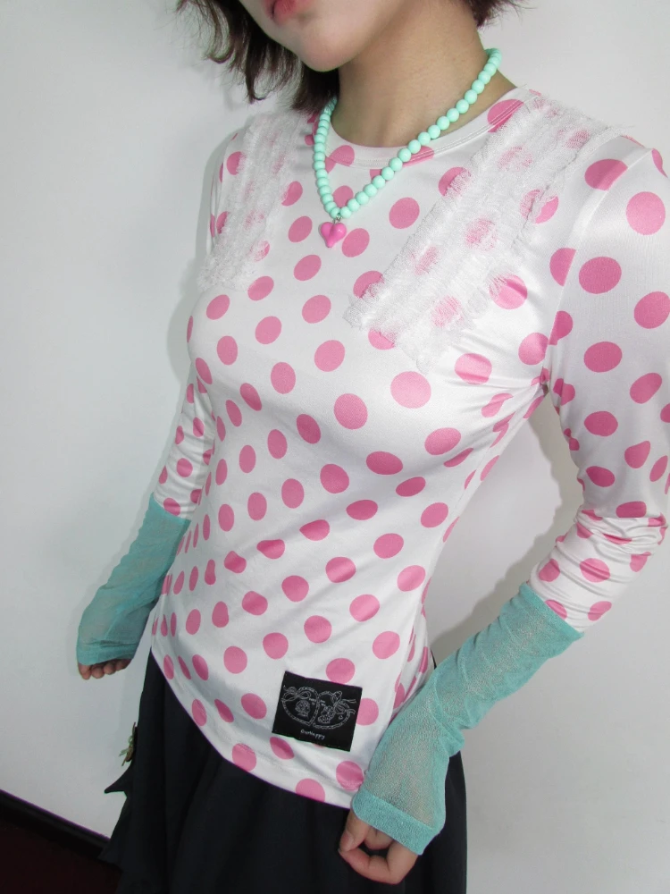 Japanese Y2K Harajuku Cute Polka Dot Print T-shirt Women Sweet Elegant Slim Tees Autumn Casual Fashion Long Sleeve Tops New