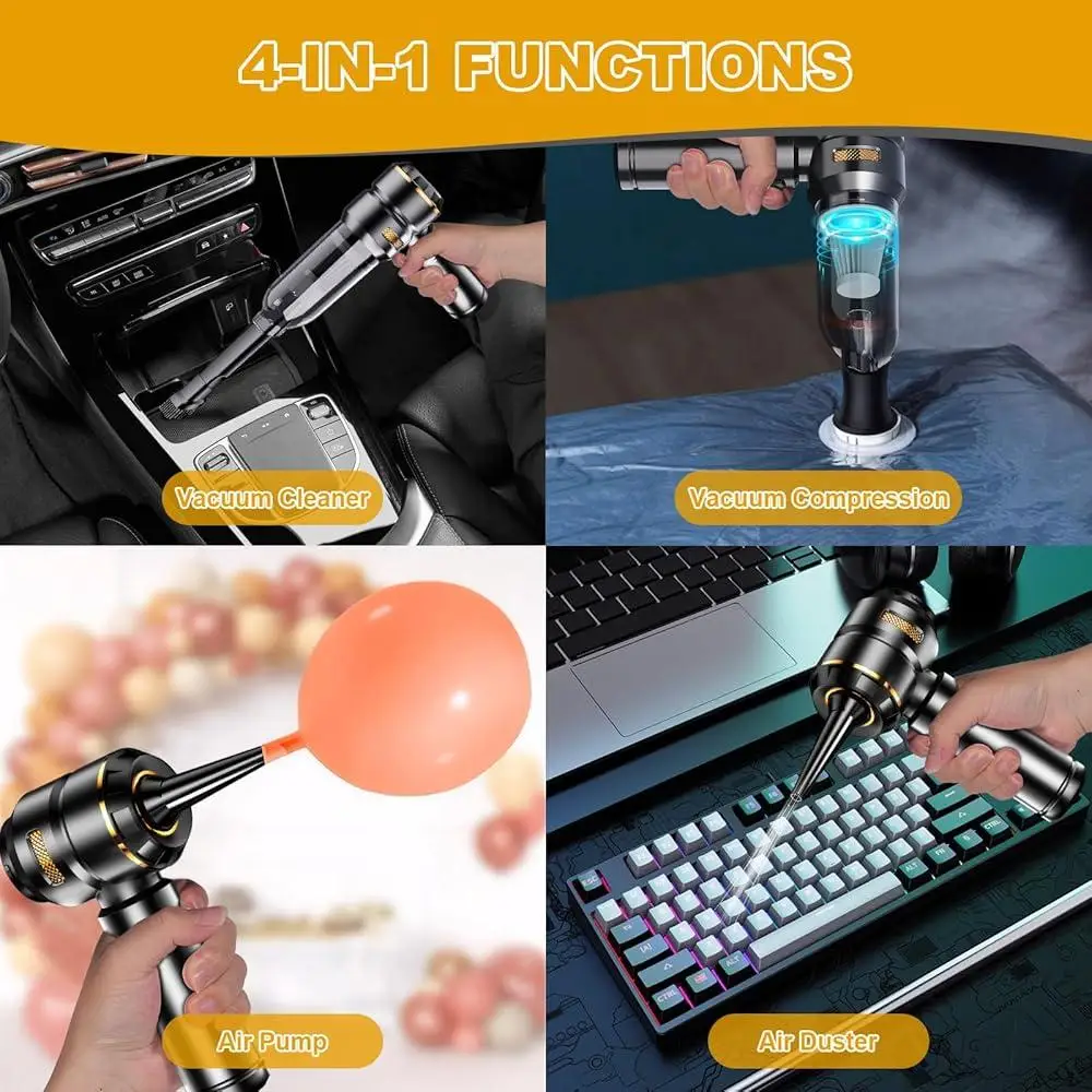 4-in-1 Cordless Handheld Vacuum Cleaner 16000Pa Suction Digital Display Portable Car Cleaning Tool with Blower Air Pump