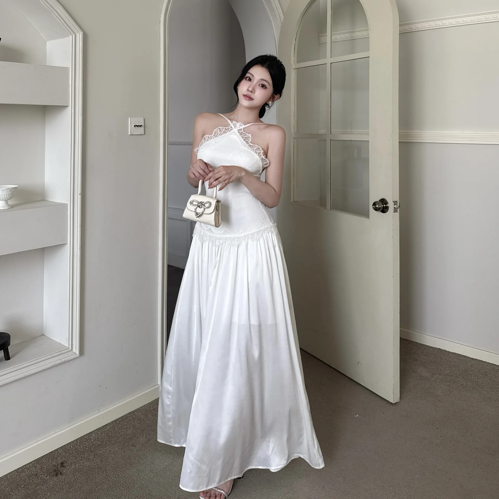 Ladies' Satin Backless White Midi Dress French Lace Spliced Appliqué Minimalist Slim-fitting Elegant Cocktail  Evening Gown Robe