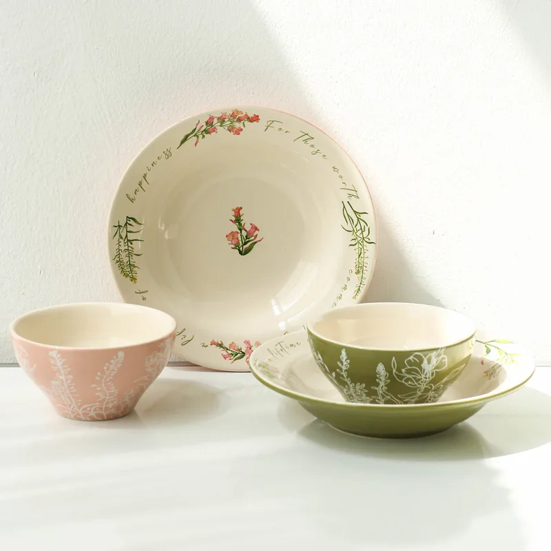 YFY small fresh exquisite gentle wind household ceramic bowl plate rice bowl salad snack dessert plate
