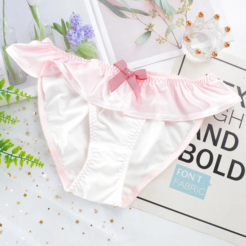 Сексуальные кружевные женские трусики в японском стиле, милые милые трусики для косплея Academy Lolita из молочного шелка с низкой талией и бантом, эластичное нижнее белье, трусы