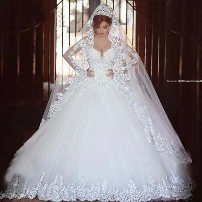Customized Ball Gown Women Wedding Dresses With Long Sleeves V Neck Lace Formal Bridal Gowns robe de mariée Vestido De Noiva