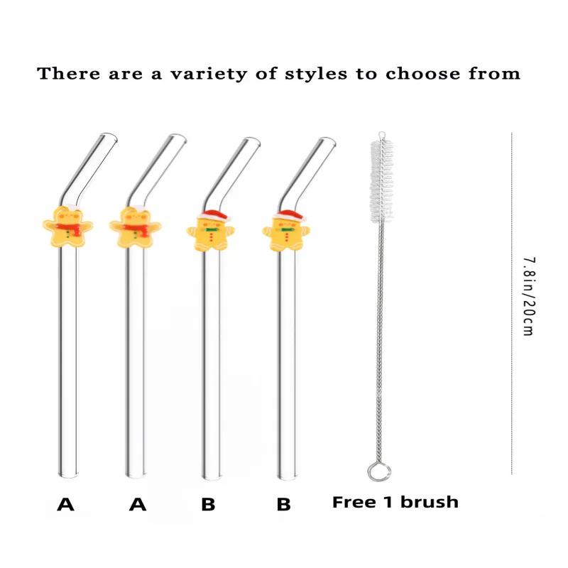 1/6PCS Christmas Gift Box Glass Straws.Gingerbread man designs. Curved reusable for cocktails & boba. Perfect holiday gift