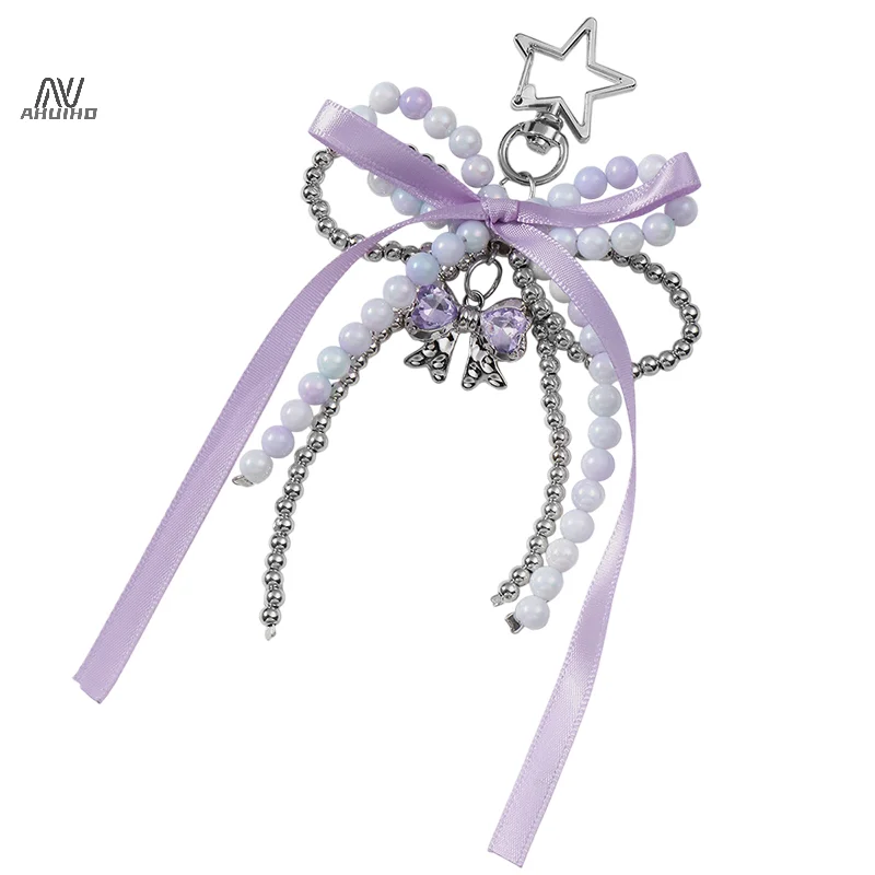 Y2K Sweet Beaded Keyring Exquisite Ribbon Rhinestone Bow Keychain For Girls Bag Pendant Decoration Fashion Key Accessories