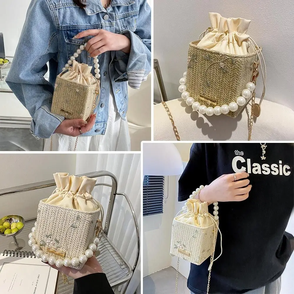 Fashion Women Summer Pearl Handbag Straw Bag Chain Shoulder Bags Girls Chain Crossbody Bags Bucket Bag