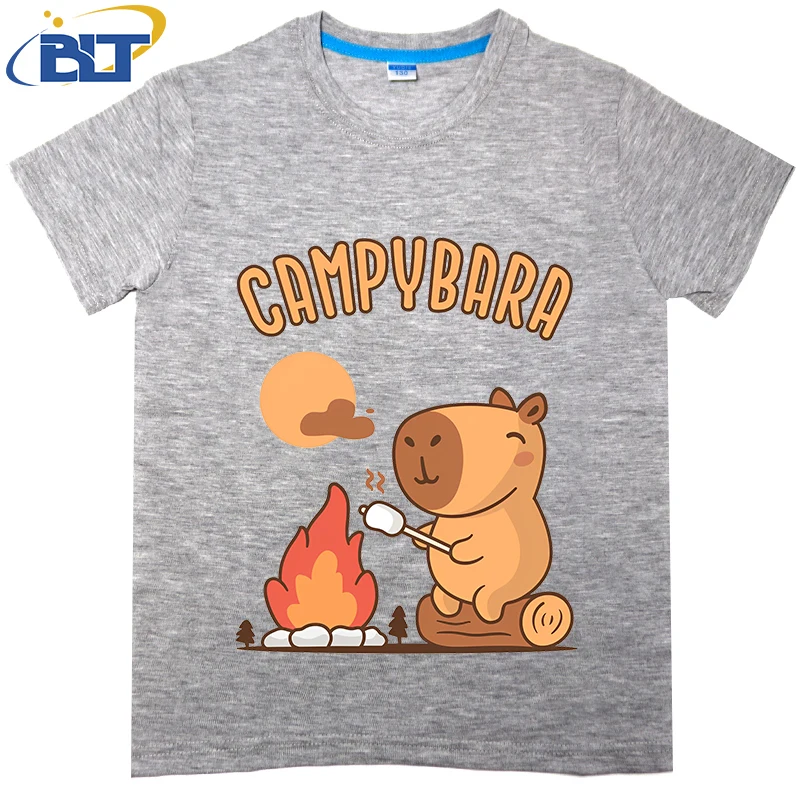 Campybara-camiseta estampada fofa para crianças, algodão, manga curta, tops casuais para meninos e meninas, verão