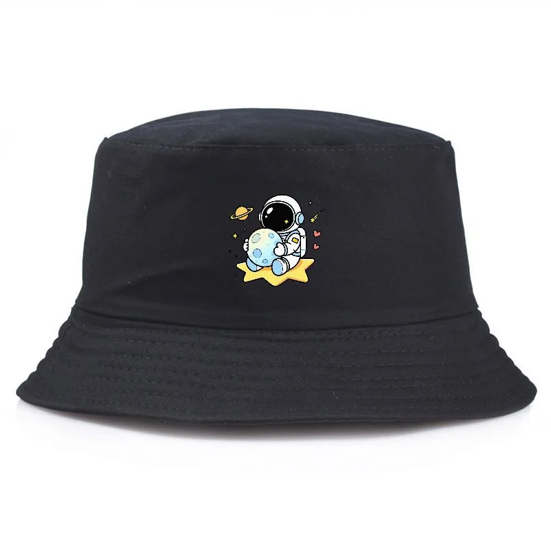 Astronaut Bucket Hat Cotton Packable Fishing Cap Y2K Retro Cartoon Print Fisherman's Hat Casual Outdoor Sun Hat