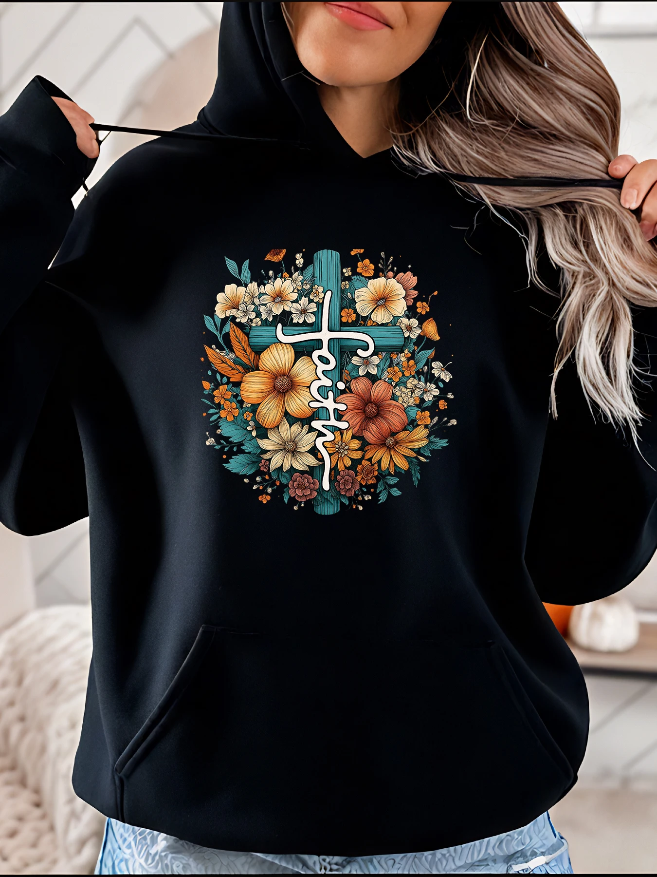 【 Ringraziamento】 Felpa con cappuccio con stampa incrociata floreale Vestibilità ampia casual da donna Autunno Inverno Indossare il design con motivo floreale in stile