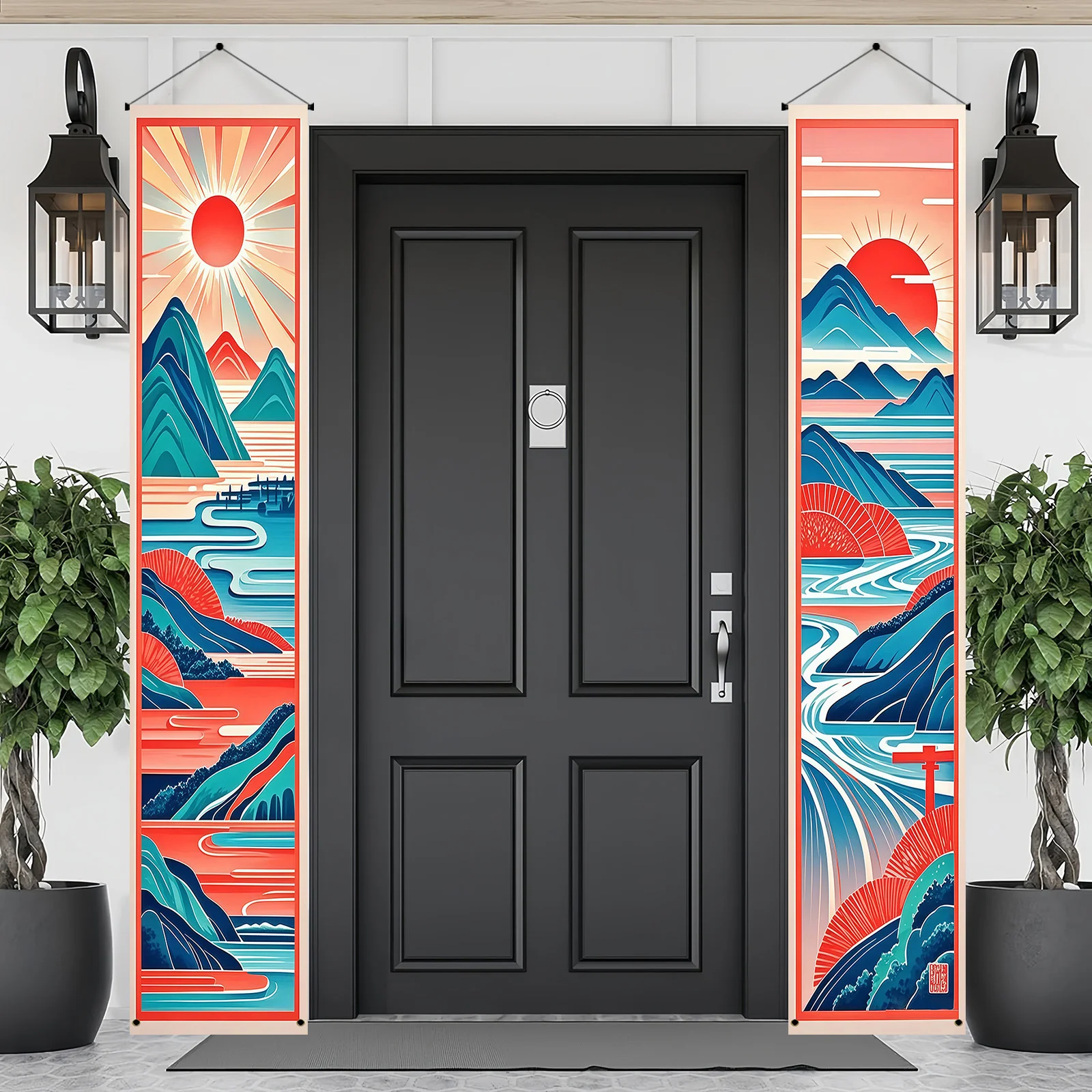 زوج واحد من أعلام الزوجين لتزيين الحفلات اليابانية، لافتة شرفة ترحيب عائلية - تصميم توضيحي كرتوني، #1