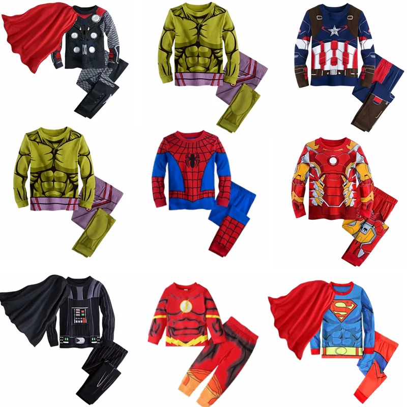 Avengers Superhero Pajamas Kids Spiderman Iron Man Nightwear Suit Boys Children Long Sleeve Halloween Costume Cartoon Sleepwear