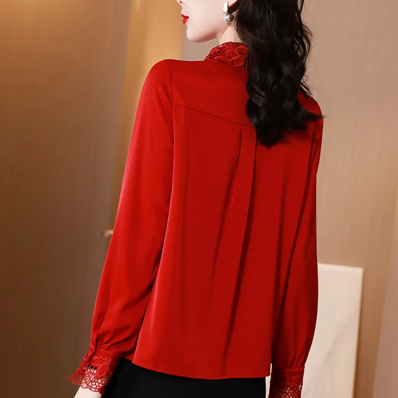 #2551 Black Blue Red Satin Shirt Women Embroidery Flower Hollow Out Office Shirt Long Sleeve Korean Style Vintage Shirt Female