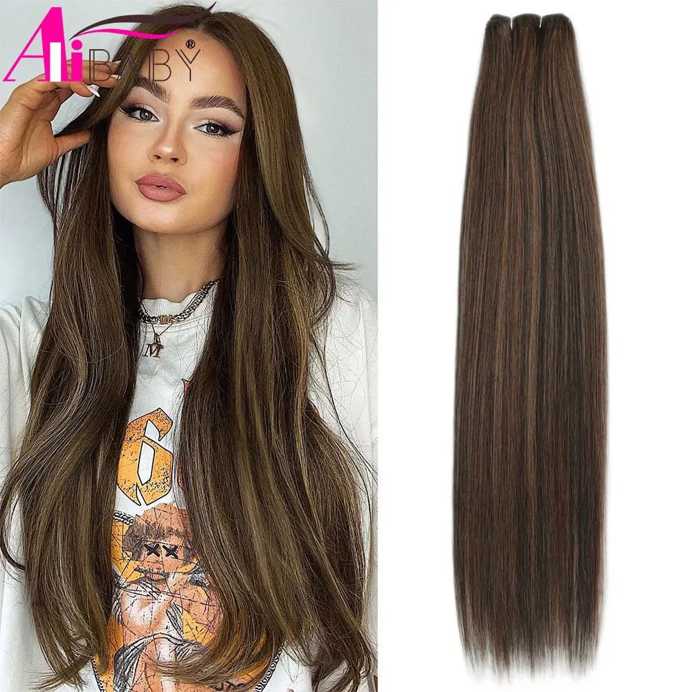 

26 inch 150g Synthetic Ombre Bone Straight Hair Bundles Salon Natural Hair Extensions Fake Long Colored Hair Weaving Full to End