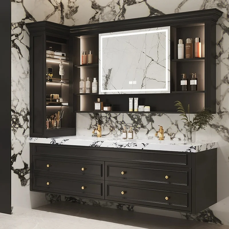 Modern Style Wall-Mounted Solid Wood Bathroom Vanity Cabinet with Ceramic Basin Copper Drainer Waterproof Design for Bedroom Use