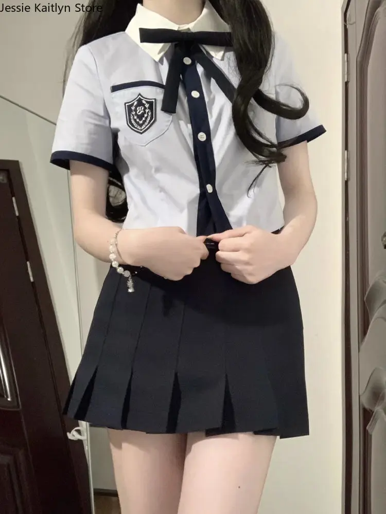 Japanese Student JK School Uniform Summer Sweet Kawaii Uniform Set Vintage Cute Girls Navy Blue Shirt and Mini Pleated Skirt Set