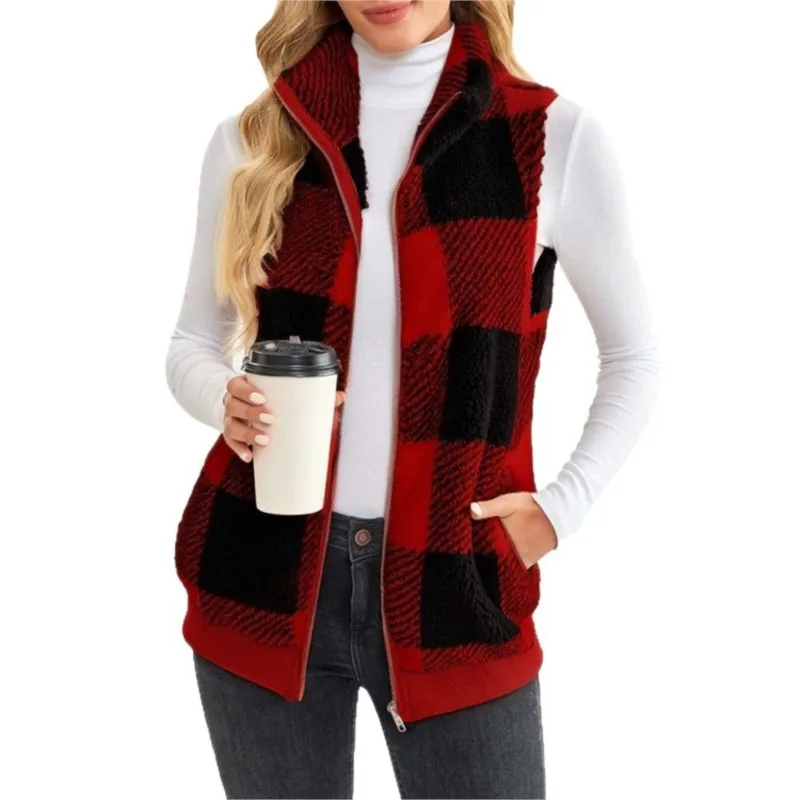 Women Plush Vest Fashion New Stand Collar Zip Sleeveless Plaid Jacket With Pockets Autumn Winter Casual Outerwear Gilet