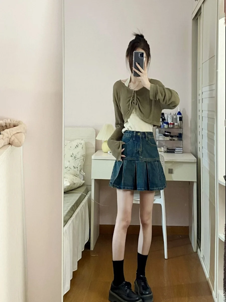 スリム A ライン スカート デニム プリーツ レディース ファッション ハイウエスト 韓国 スカート 夏コレクション 2023