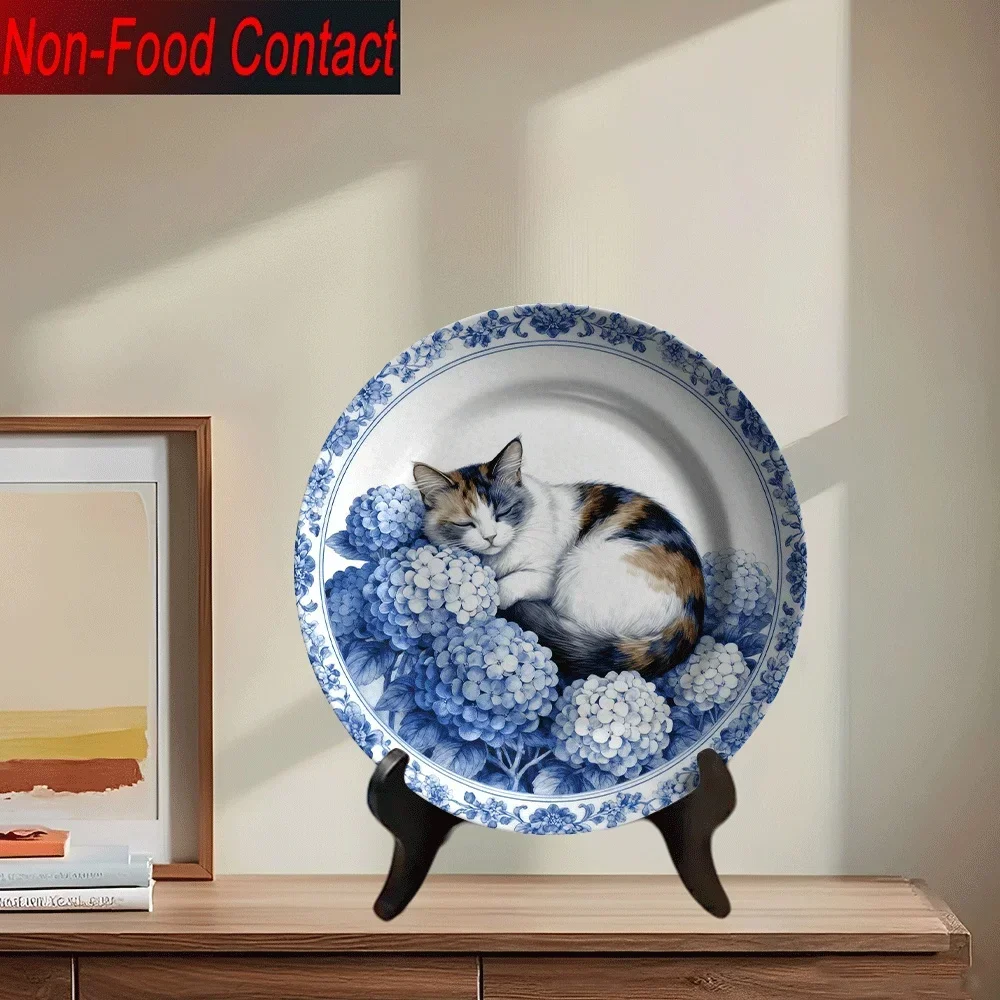 1pc 1pcs Ceramic Decorative Plate - Round Chinese Porcelain with Cat & Hydrangea (Suitable for) Elegant Tableware for Home