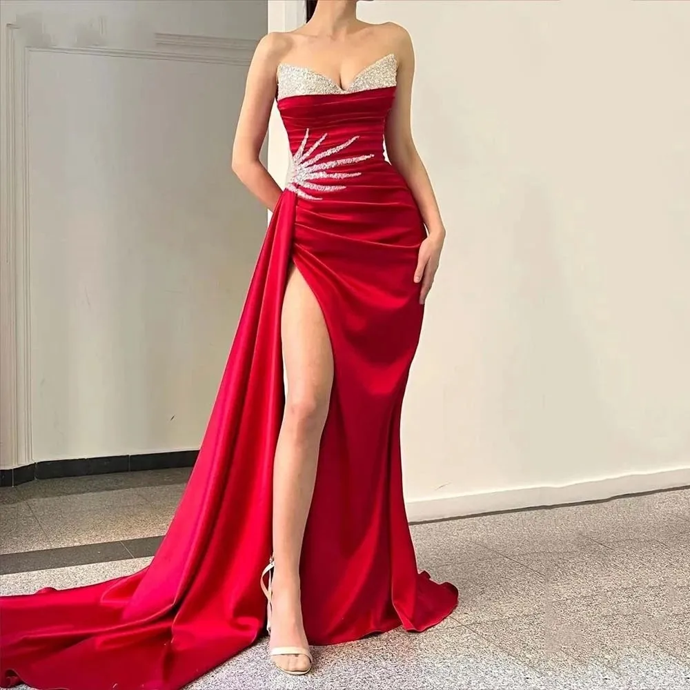 

ANGELSBRIDEP 2 STORE Red Arabic Mermaid Evening Party Gown Shiny Sequines Bodycon Prom Gowns Slit Wedding Pageant Dress HOT